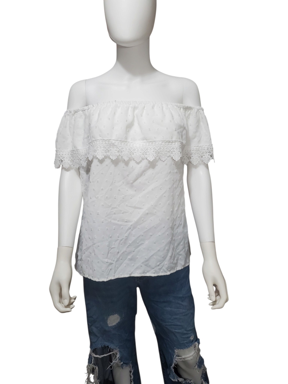 White Off-Shoulder Eyelet Blouse with Lace Trim